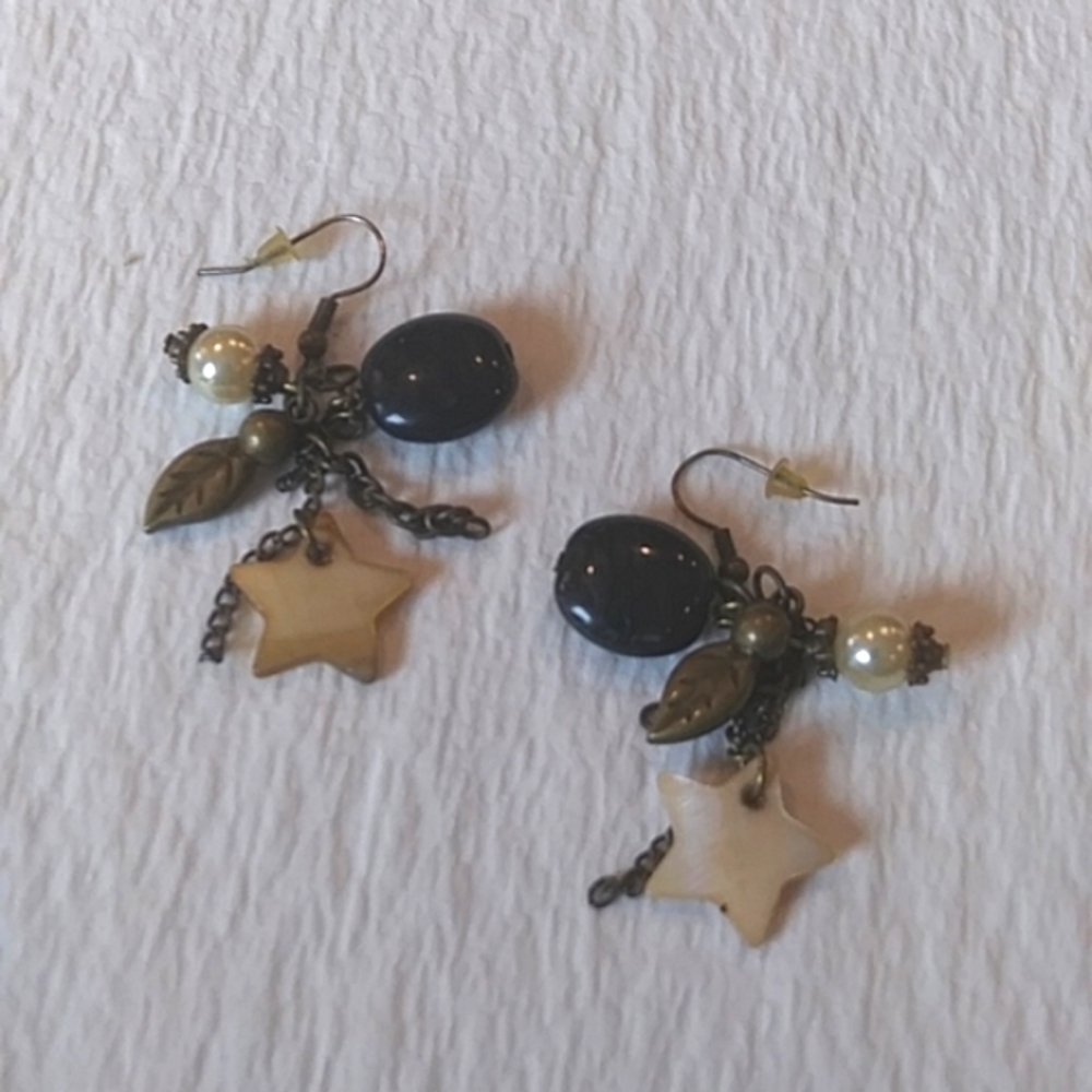 Dangle Earrings with Mixed Materials Star Leaf Pearl